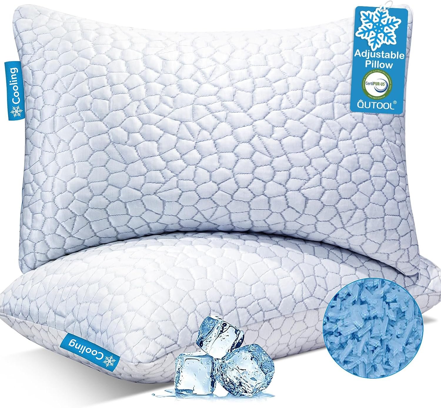 QUTOOL Cooling Pillow for Sleeping 2 Pack,Luxury Shredded Memory Foam Bed Standard Pillows Set of 2,Cool Pillow for Hot Sleepers Adjustable Firm Pillow for Side,Back,Stomach Sleepers Soft Yet Support