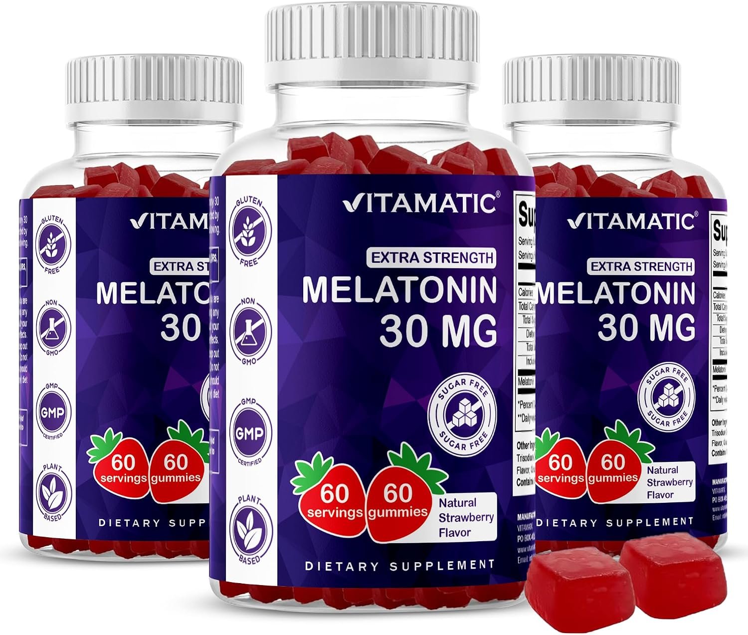 Vitamatic Sugar Free Melatonin 30mg per Gummy – 60 Servings – 60 Vegetarian Gummies – Non-Habit Forming Supplement (60 Count (Pack of 3))