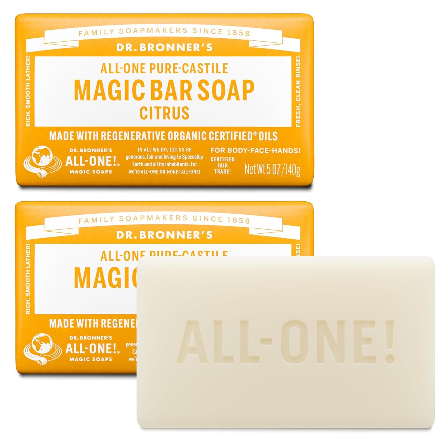 Dr. Bronner’s Pure-Castile Magic Bar Soaps – Made with Regenerative Organic Certified Oils – For Face, Body, Hair- Vegan Soap Bars for Men & Women – Citrus, 2 pack, 5 oz