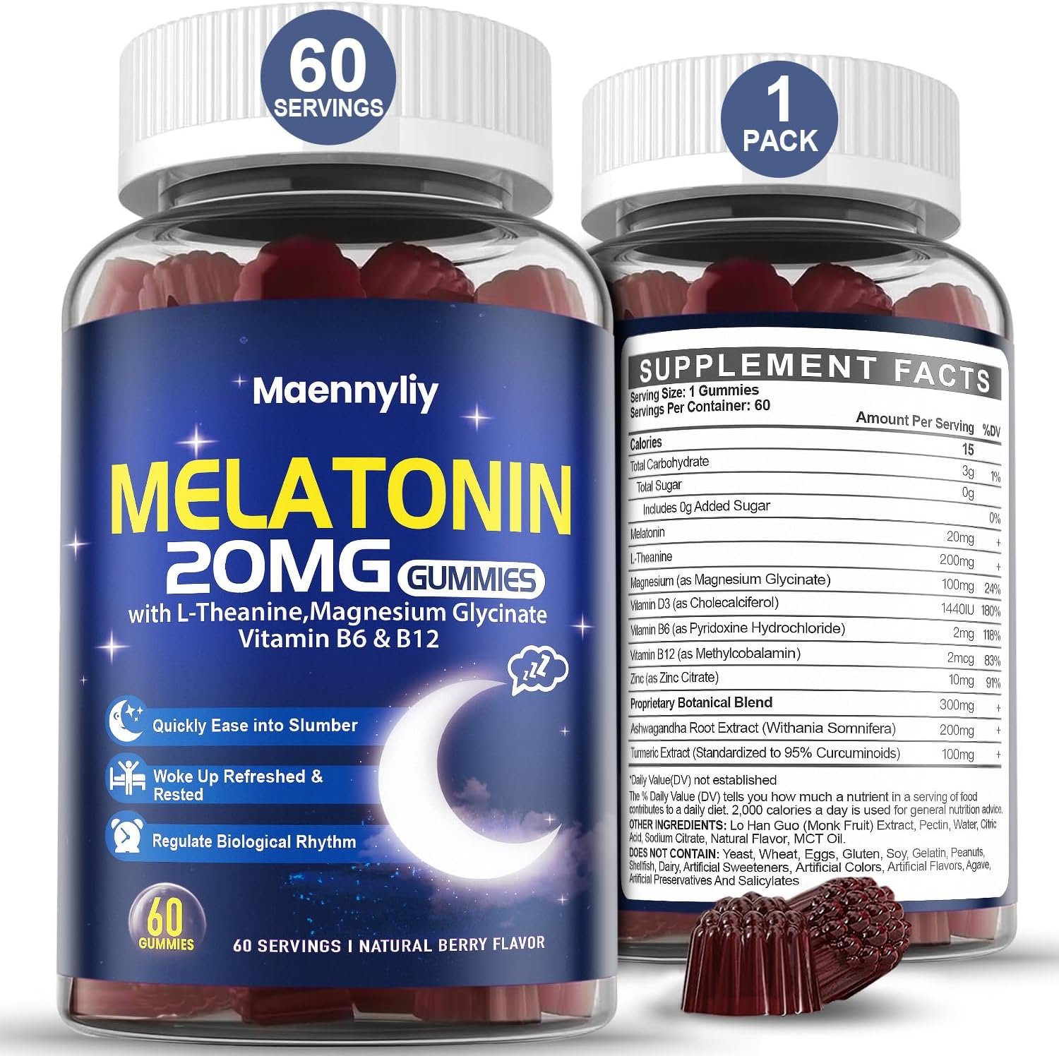 Maennyliy Melatonin 20mg Gummies for Adults – Sugar Free Melatonin Gummies | Extra Strength with L-Theanine, Magnesium, Ashwagandha, Turmeric, D3 & Zinc – Non-Habit Forming, Vegan, Non-GMO, 60 Gummies