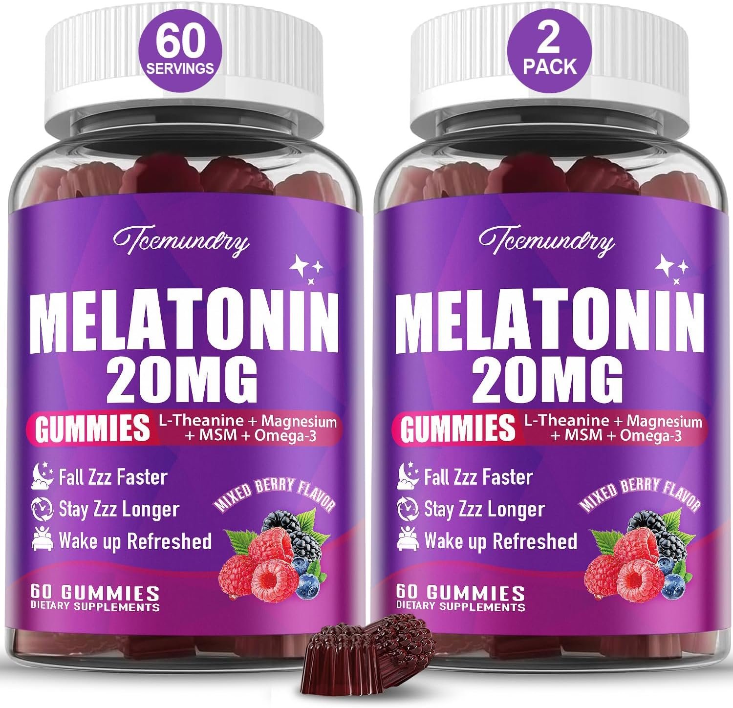 Melatonin Gummies 20mg for Adults: Maximum Strength Melatonin | with L-Theanine, Magnesium, Omega-3, MSM, D3 & Zinc – Non-Habit Forming, Vegan, Non GMO, Natural Mixed Berry Flavor