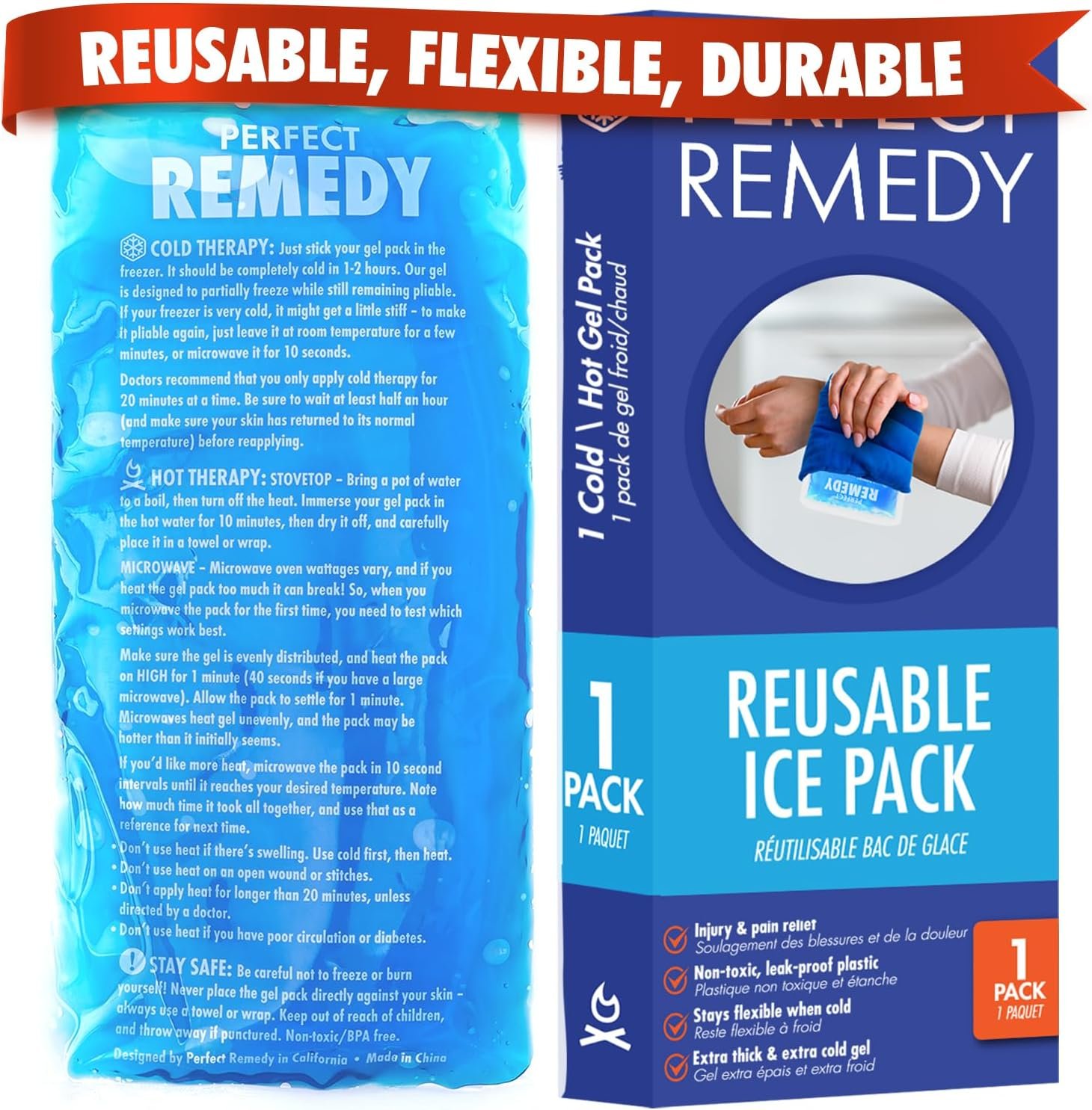 Perfect Remedy Gel Ice Pack – Hot & Cold Compress, Reusable Injury Ice Pack for Knee, Shoulder, Back, Neck, Hip, Ankle, Wrist, Foot Pain Relief & Injury Recovery Soft Gel for Muscle Strain (Blue, Reg)