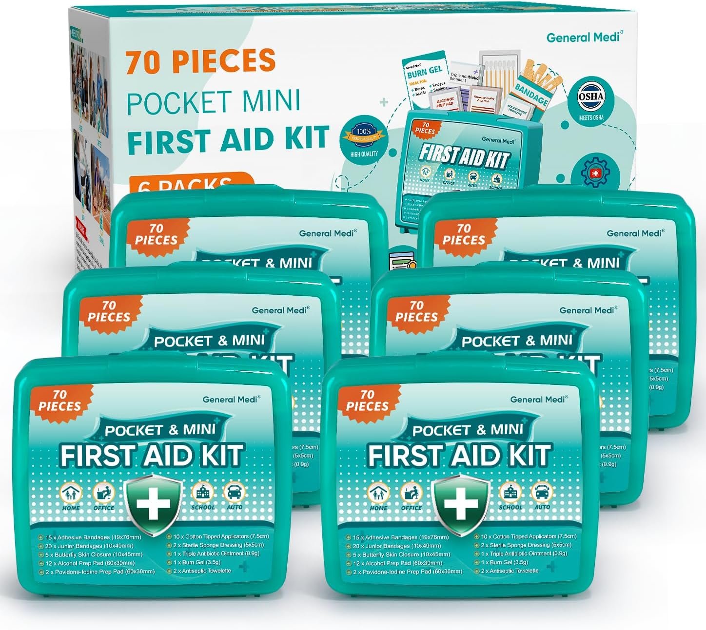 General Medi 420 Piece First Aid Kit, 6 Individual Boxes of 70 Items Each – Contains Premium Medical Supplies for Travel, Home, Office, Vehicle, Camping, Workplace & Outdoor (420 pcs, 6 Pack)