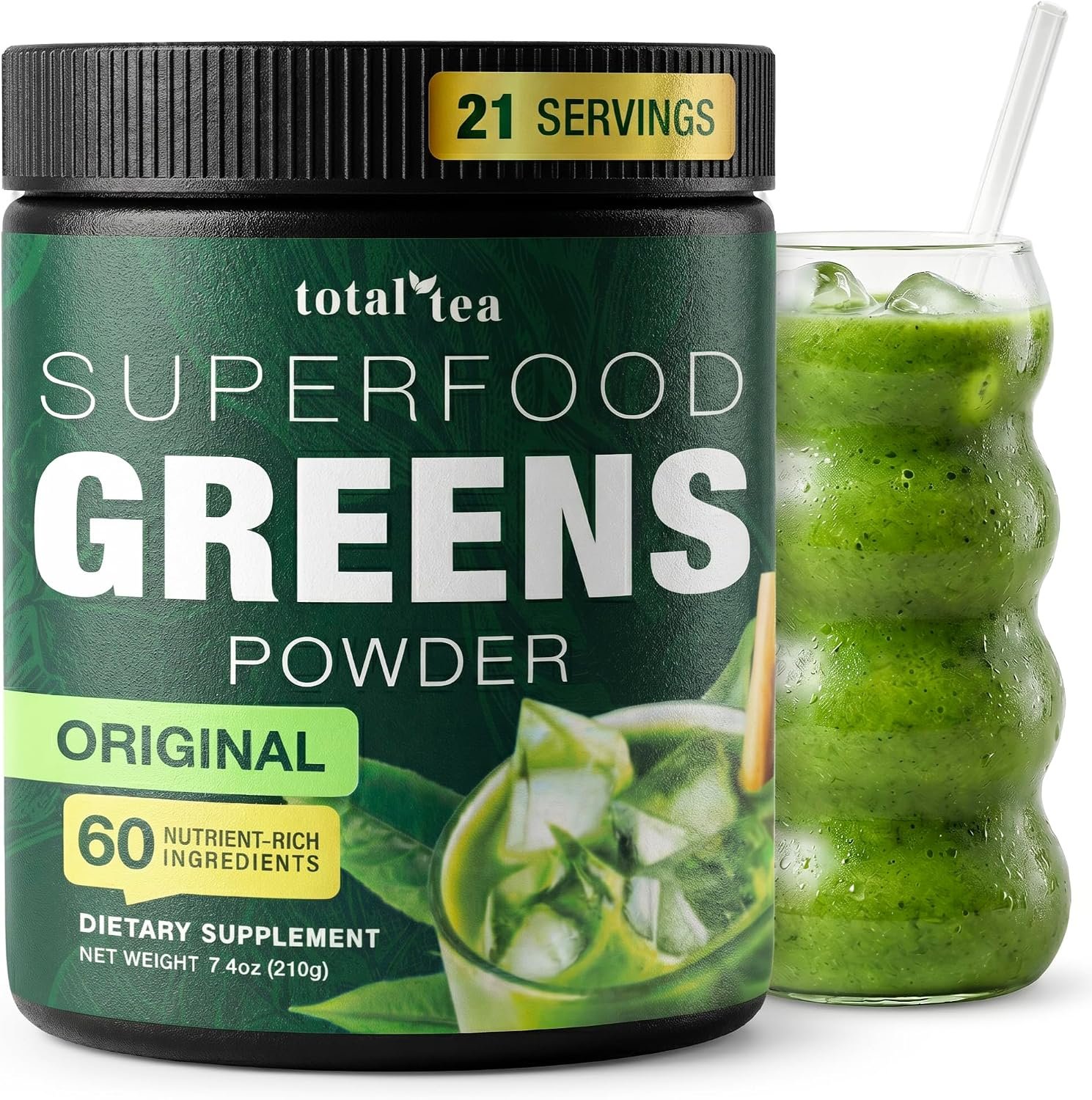 Total Tea Super Greens Powder Original Spirulina Chlorella Vegan Superfood | 21 Servings Fruits Vegetables Vitamins Antioxidant Energy Green Drink Powder for Smoothies
