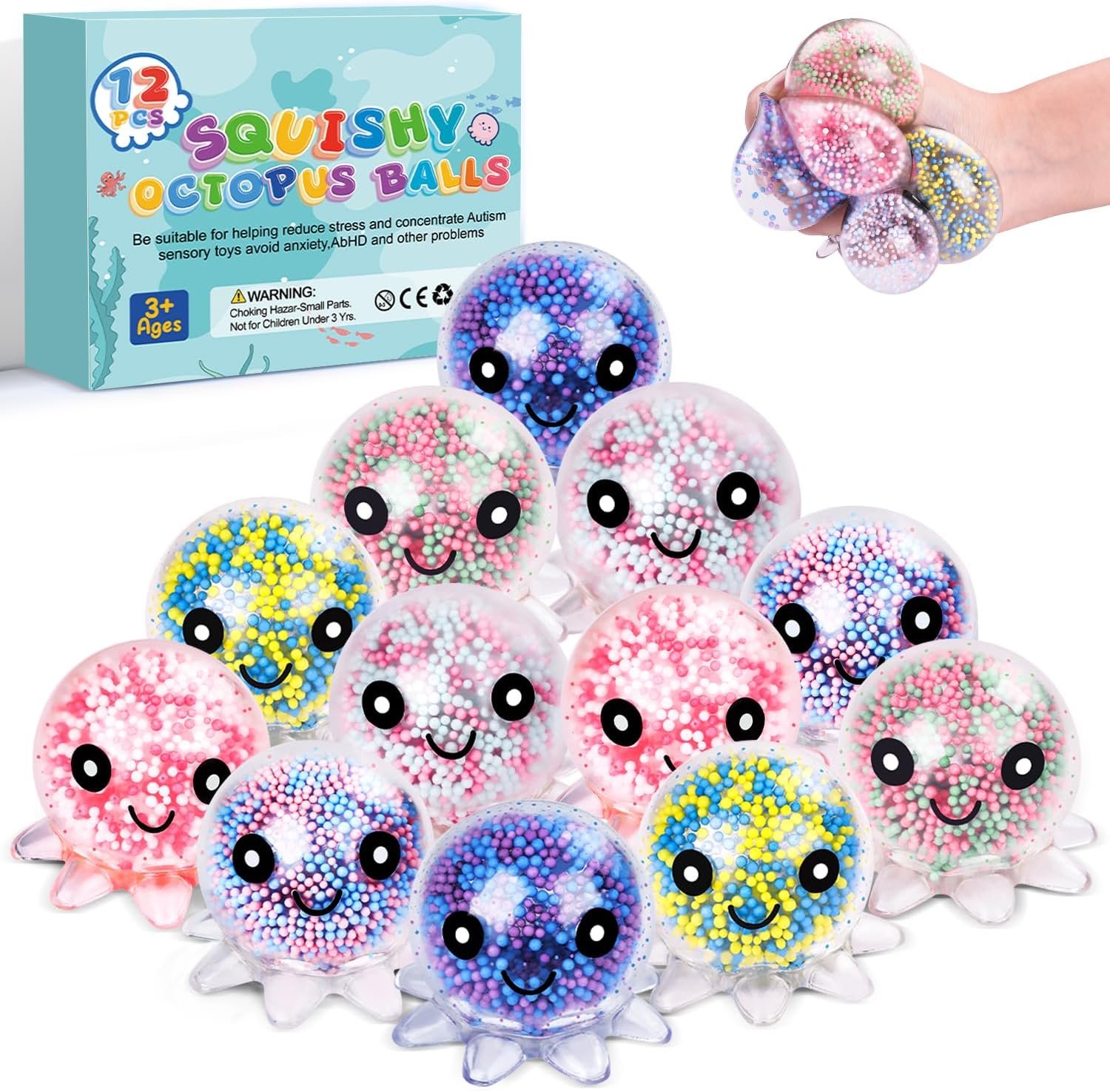 VESPRO 12 Pack Fidget Stress Balls for Adults, Cute Octopus Stress Ball | Stress Sensory Stress Ball, Bulk Squishy Squeeze Ball Toys Set for Classroom Prizes and Birthday Party Favors