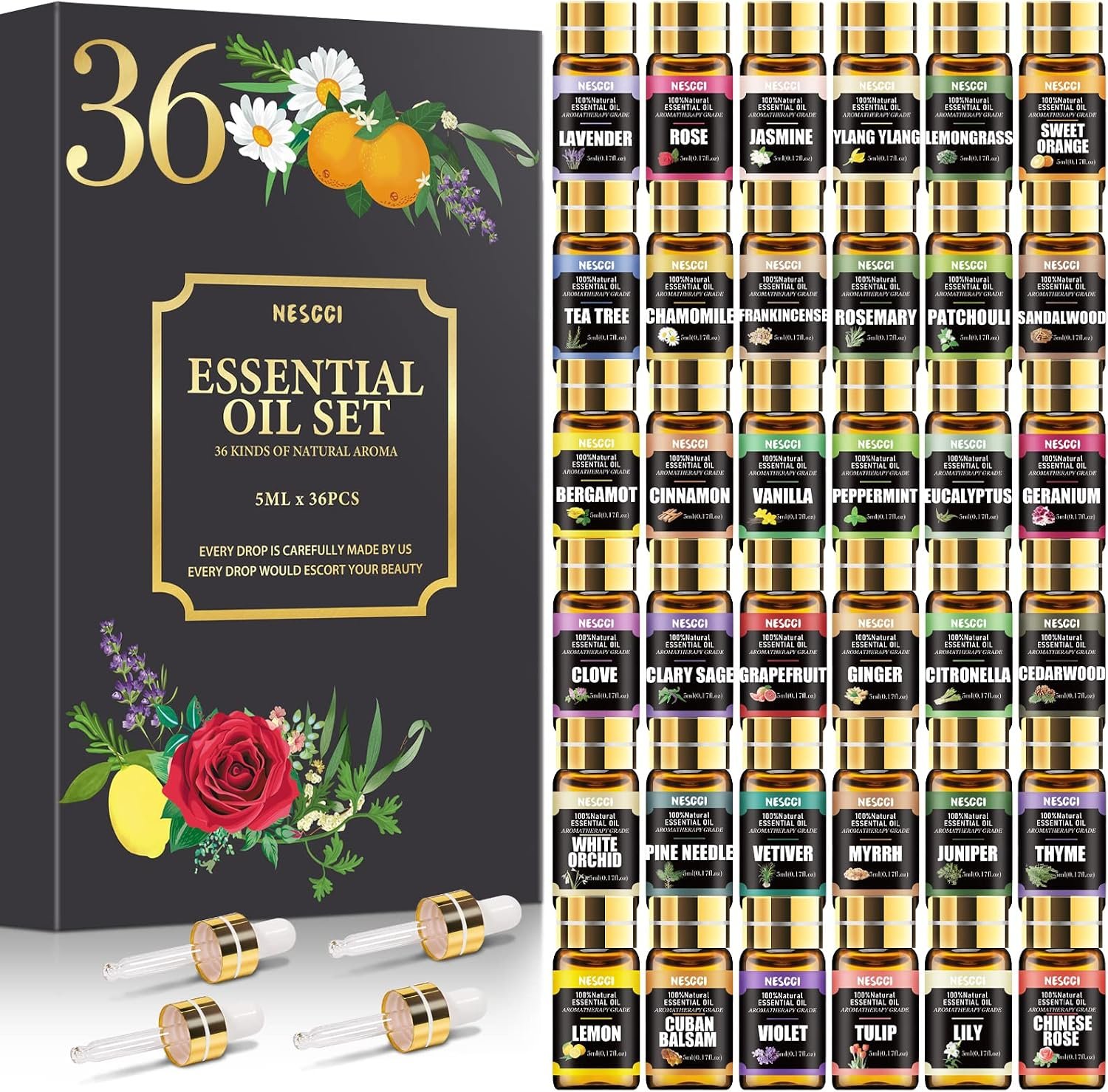 NESCCI Essential Oil Set – Essential Oils 36 x 5ML -Essential Oils Gift Set | Essential Oils Gift Set for Diffuser, Humidifier, Soap, Candle, Bath Bombs Making, Halloween, Christmas