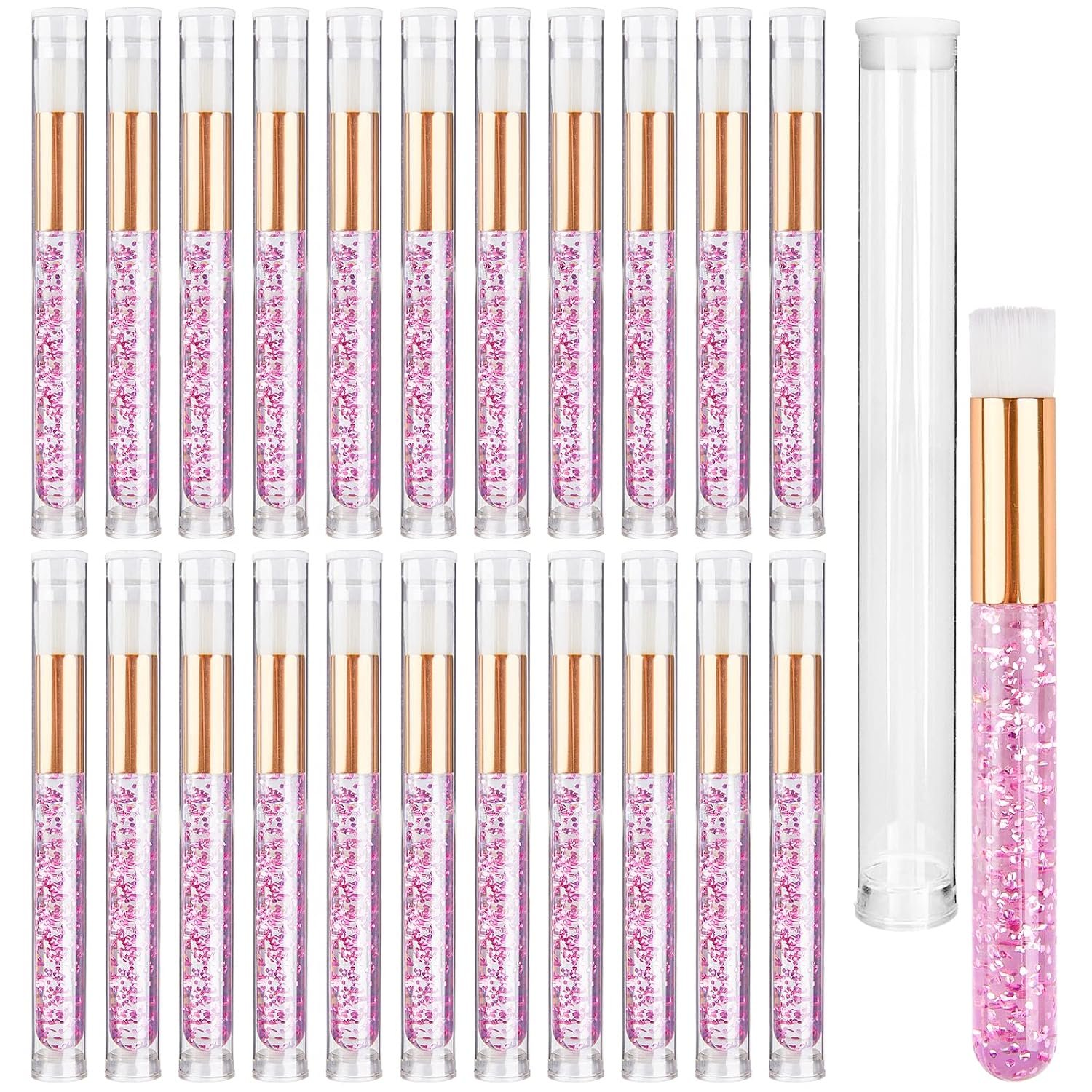 TUZAZO 40 PCS Pink Lash Shampoo Brushes with Travel Tubes | 20pcs Eye Lash Cleaning Brushes for Eyelash Extensions Cleansing, 20pcs Plastic Travel Tubes, Portable Gentle Lash Bath Kit
