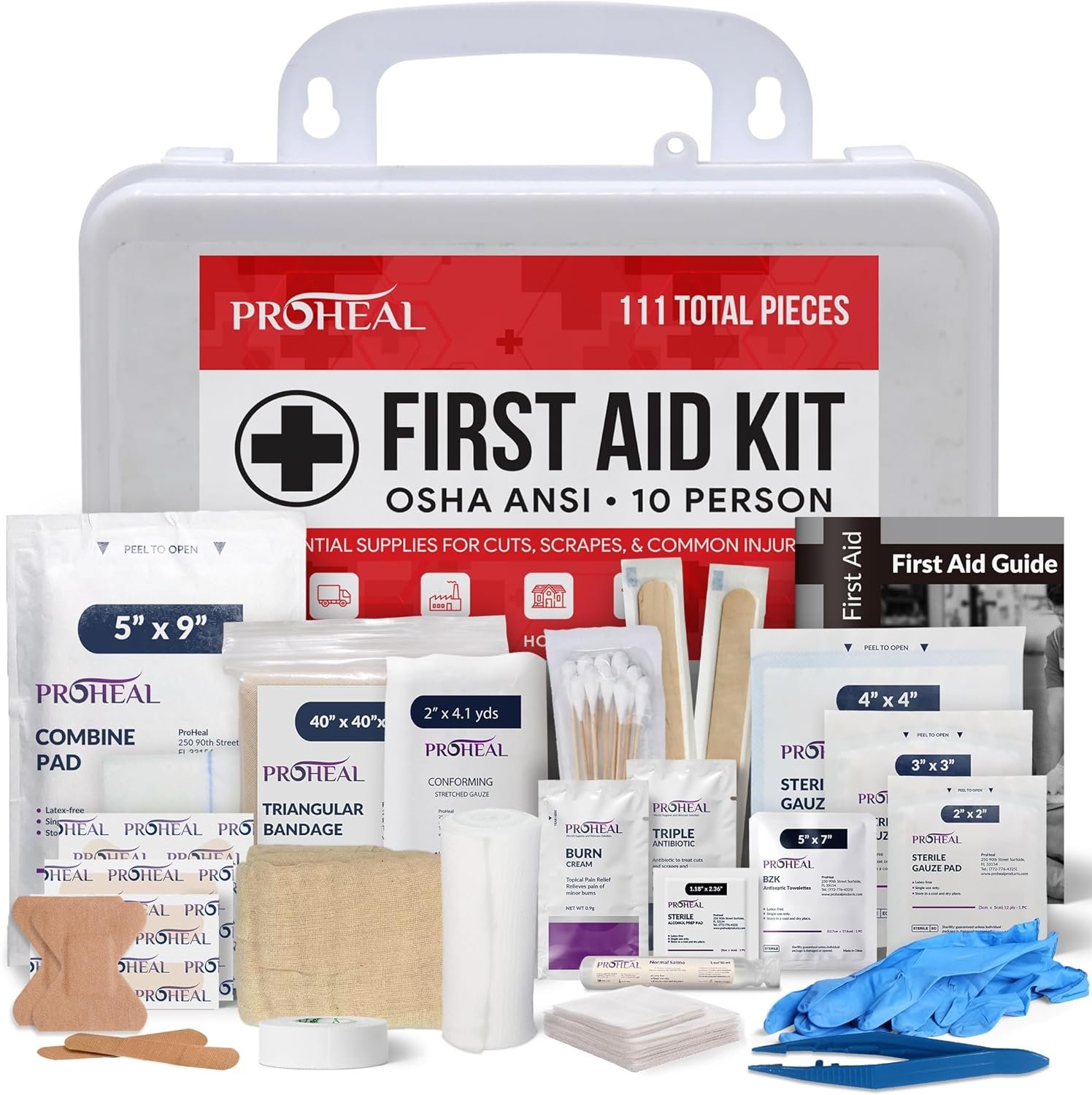 OSHA Compliant First Aid Kit for Car, Home & Business – 10 Person, Type III, ANSI Class A, 111 Pieces Emergency Kit for Office, Truck & Construction Site – Latex Free, Wall Mountable | ProHeal
