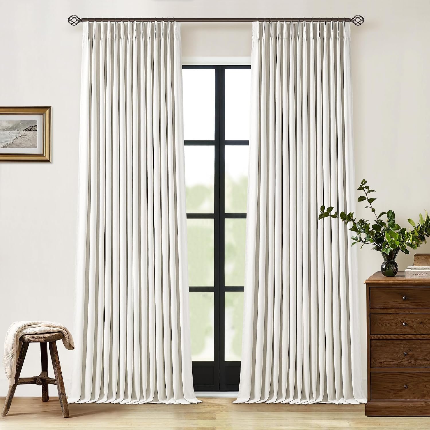 90 Inch Pinch Pleated Linen 100% Blackout Curtains 2 Panels Cream Natural | 100% Black Out Curtains with Dual Layer, Pinch Pleat with Back Tab, Birch Ivory Drapes, for Living Dining Room Bedroom Office