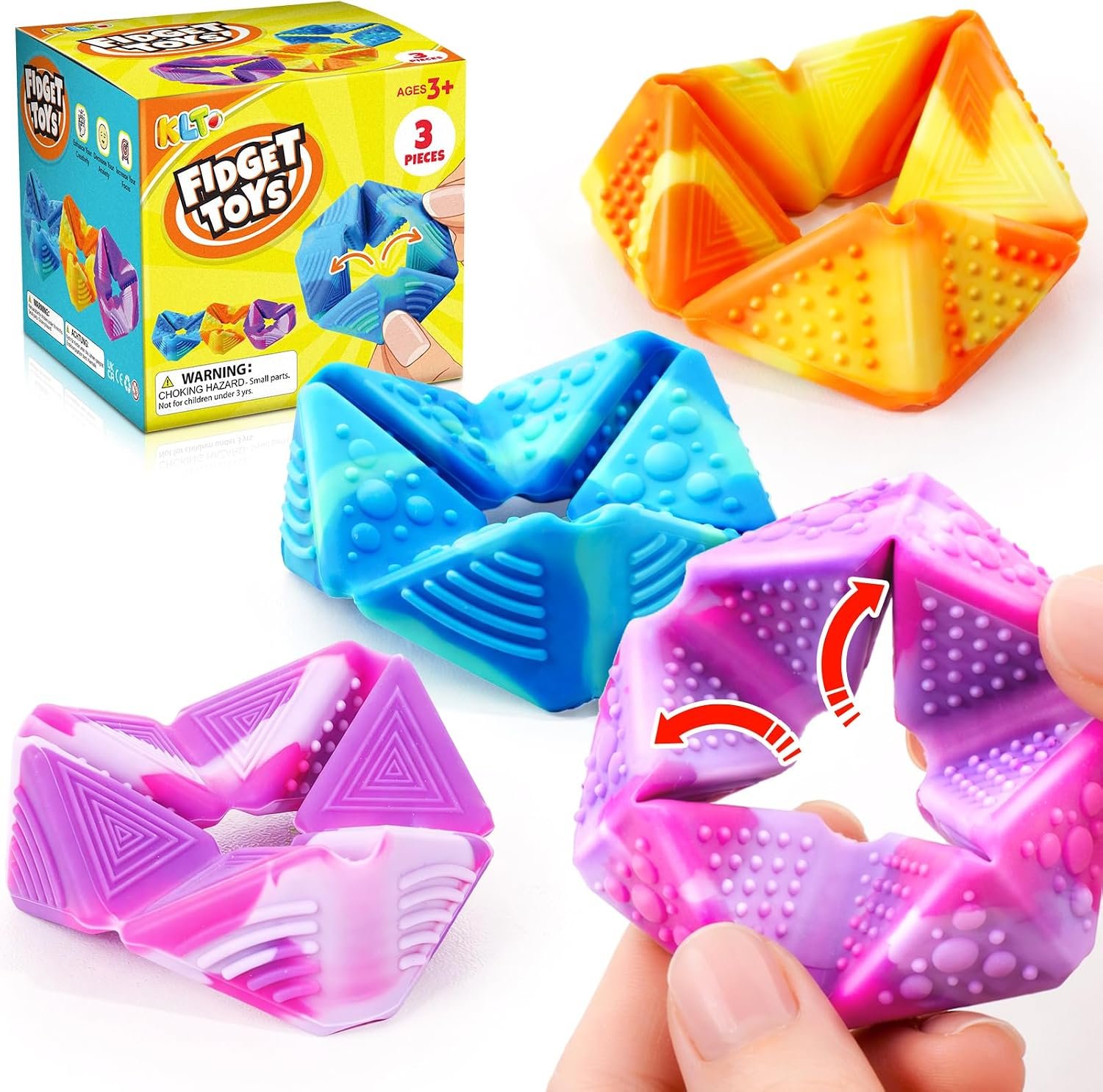 KLT Fidget Sensory Toys for Kids: 3 Pack Textured Flip Toys – Quiet Small Fidgets for Classroom Focus – Stress Relief Toys for Autism & ADHD Calm Down