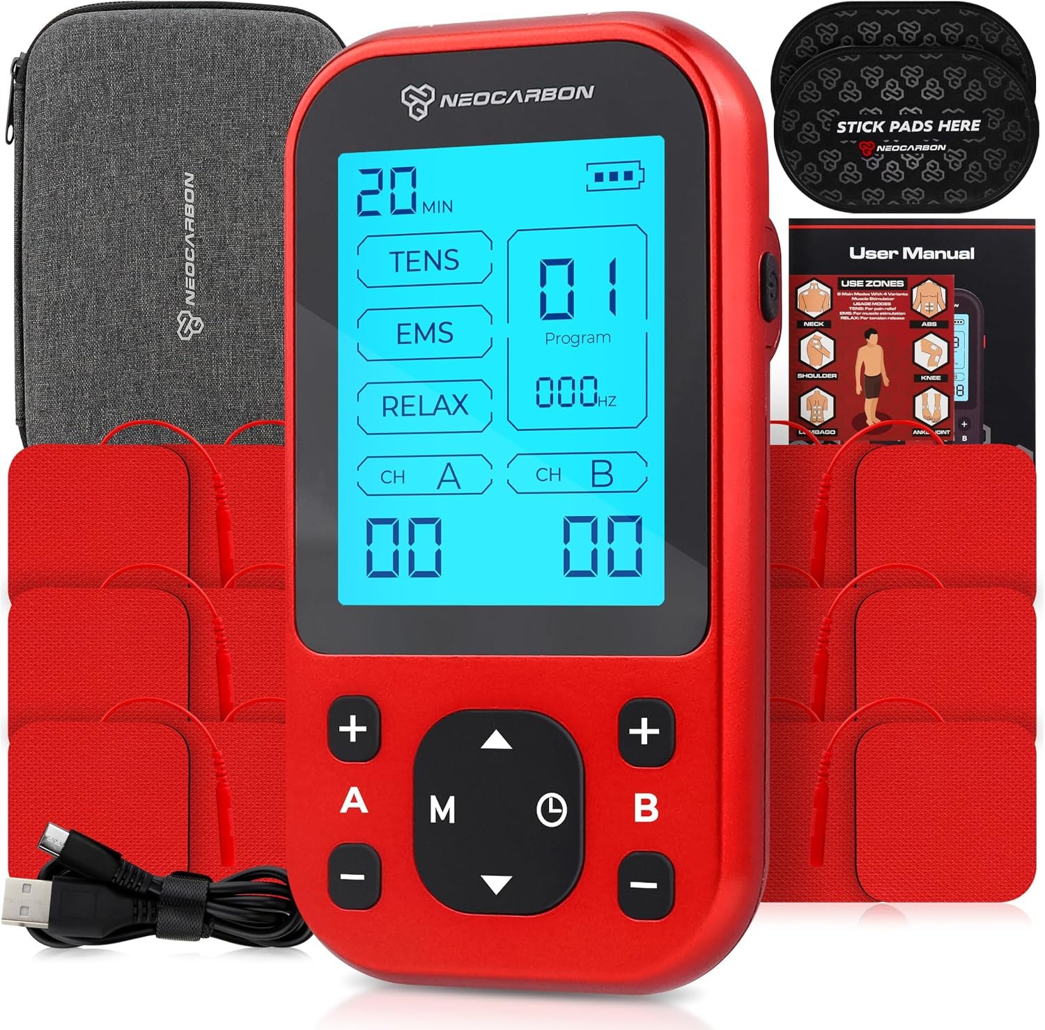 NEOCARBON TENS Unit Muscle Stimulator Pro for Back Pain Relief, Red | Versatile Pain Relief, All-in-One Kit, Portable & Convenient, Pulse Massager Pain Relief Kit, Fast & Efficient Charging