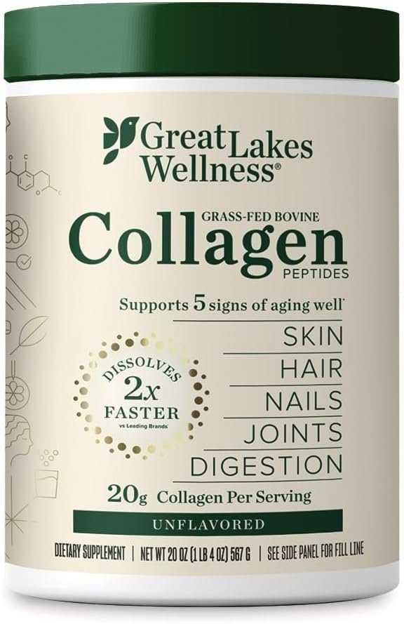 Great Lakes Wellness Collagen Peptides Powder – Supports Skin, Hair, Nails, Joints & Digestion – Hydrolyzed, Quick Dissolve, Non-GMO, Keto & Kosher – Pure Collagen Protein (20 oz, 28 Servings)