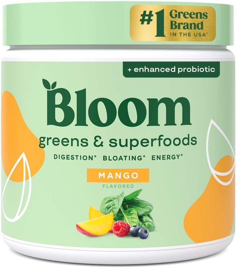 Bloom Nutrition Superfood Greens Powder, Mango, 30 Servings | Digestive Enzymes with Probiotics and Prebiotics, Gut Health, Bloating Relief for Women, Chlorella, Green Juice Mix