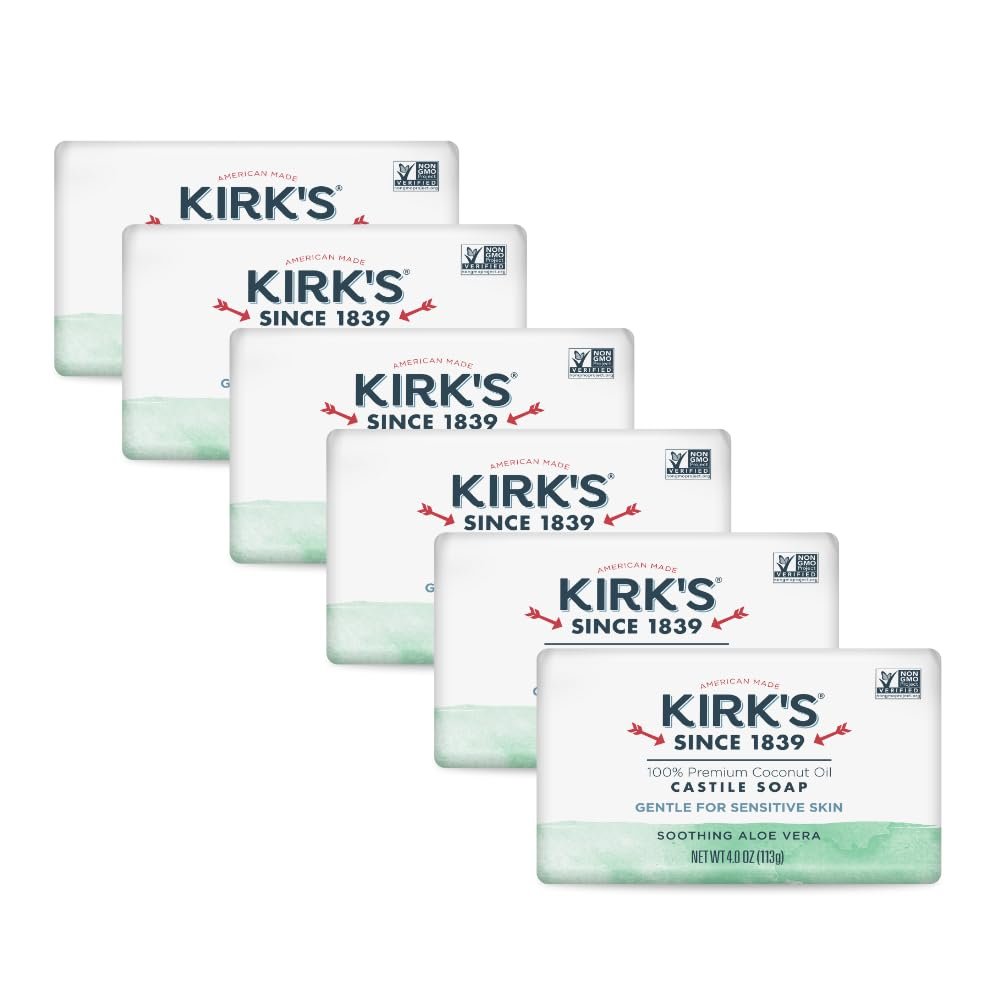 Kirk’s Castile Bar Soap, Aloe Vera – Clinically Tested, Safe for Sensitive Skin with Coconut Oil, Vegan and Non-GMO – 4 oz Bars, 6 Pack
