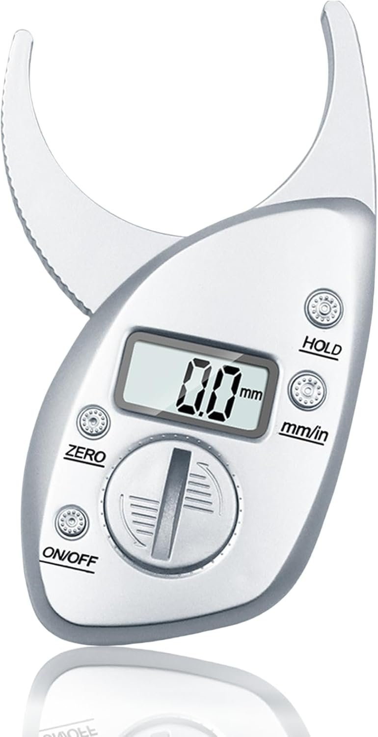 Digital Body Fat Caliper with LCD Screen and Tape Measure | Portable skinfold tester for men and women with anti-slip grip, metric and imperial units