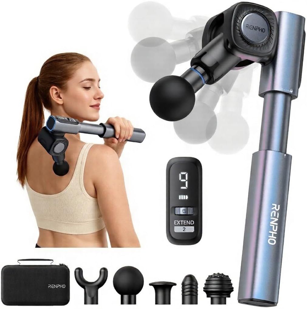 RENPHO Foldable 2-in-1 Massage Gun with Extendable Handle, 0-90° Angle | 9mm Deep Tissue Relief for Hard-to-Reach Spots, Handheld Percussion for Back, FSA Eligible HSA, Gift for Men & Women