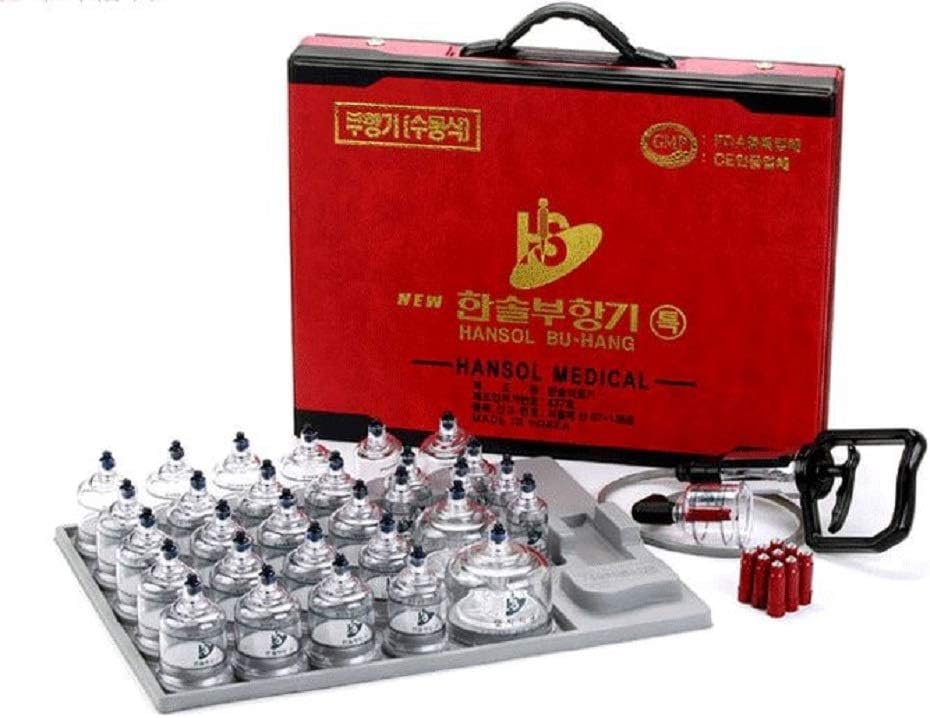Hansol Professional Cupping Therapy Equipment 30 Cups Set with pumping handle and Extension Tube & English Manual (Made in Korea)