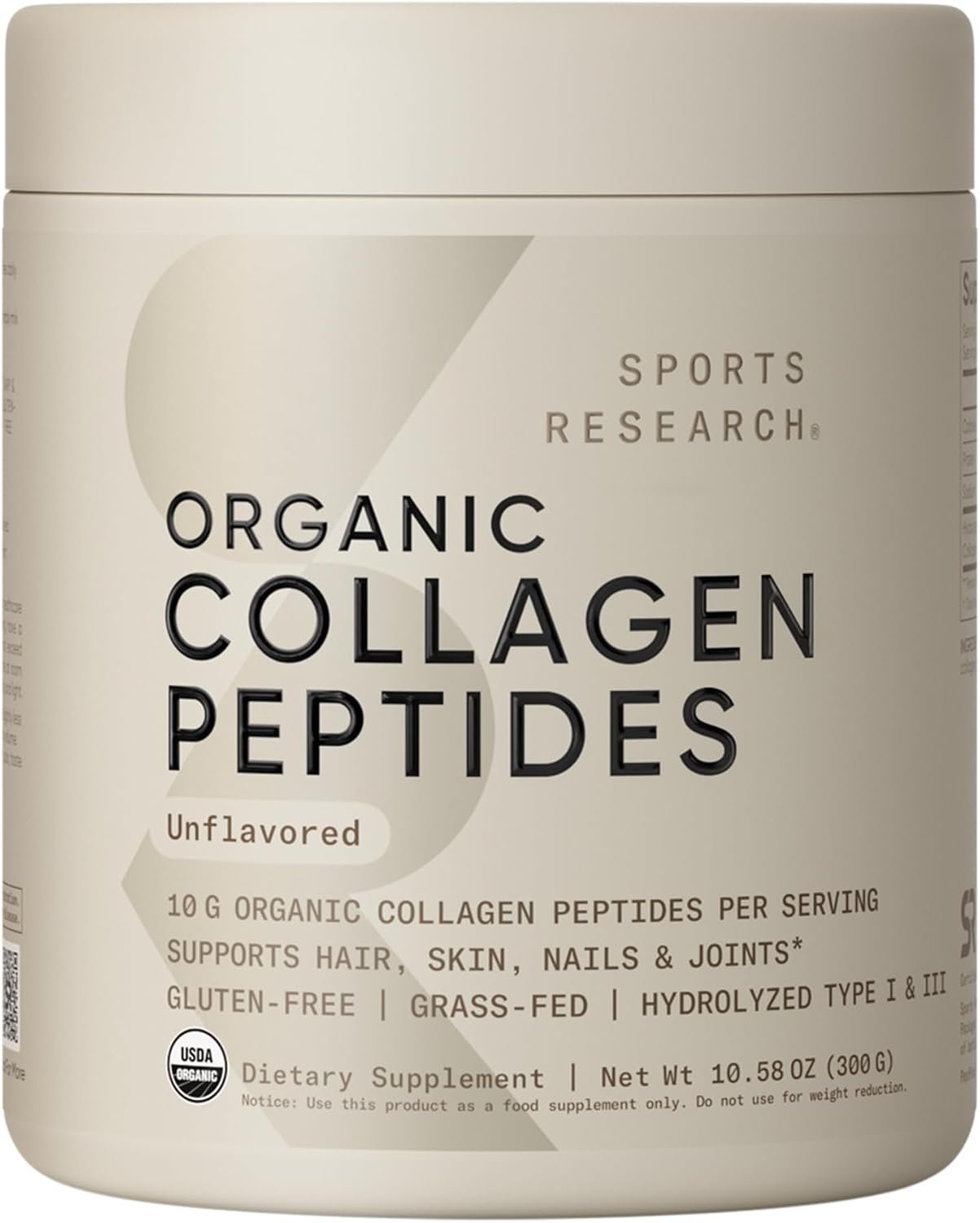 Sports Research® Organic Collagen Peptides Powder, 10.58oz (Unflavored) | Hydrolyzed Type I & III Made Sustainably from Grass-Fed Cows – USDA Organic, Non-GMO, Gluten Free – 30 Servings