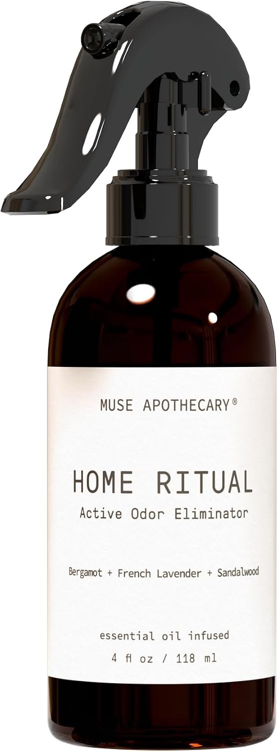 Muse Apothecary Home Ritual Active Odor Eliminator Spray – Furniture Deodorizer Spray & Bathroom Odor Eliminator for Home – Essential Oil Air Freshener – 4oz, Bergamot + French Lavender + Sandalwood