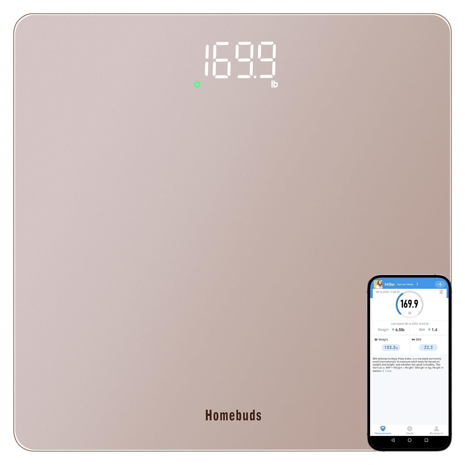 Homebuds Smart Scale for Body Weight, Precision 0.1lb by Our Professional Factory Since 2001, Digital Weight Scale Step-On and Bright LED, App Sync with Weights and BMI, 400lb/182kg, Rose Gold
