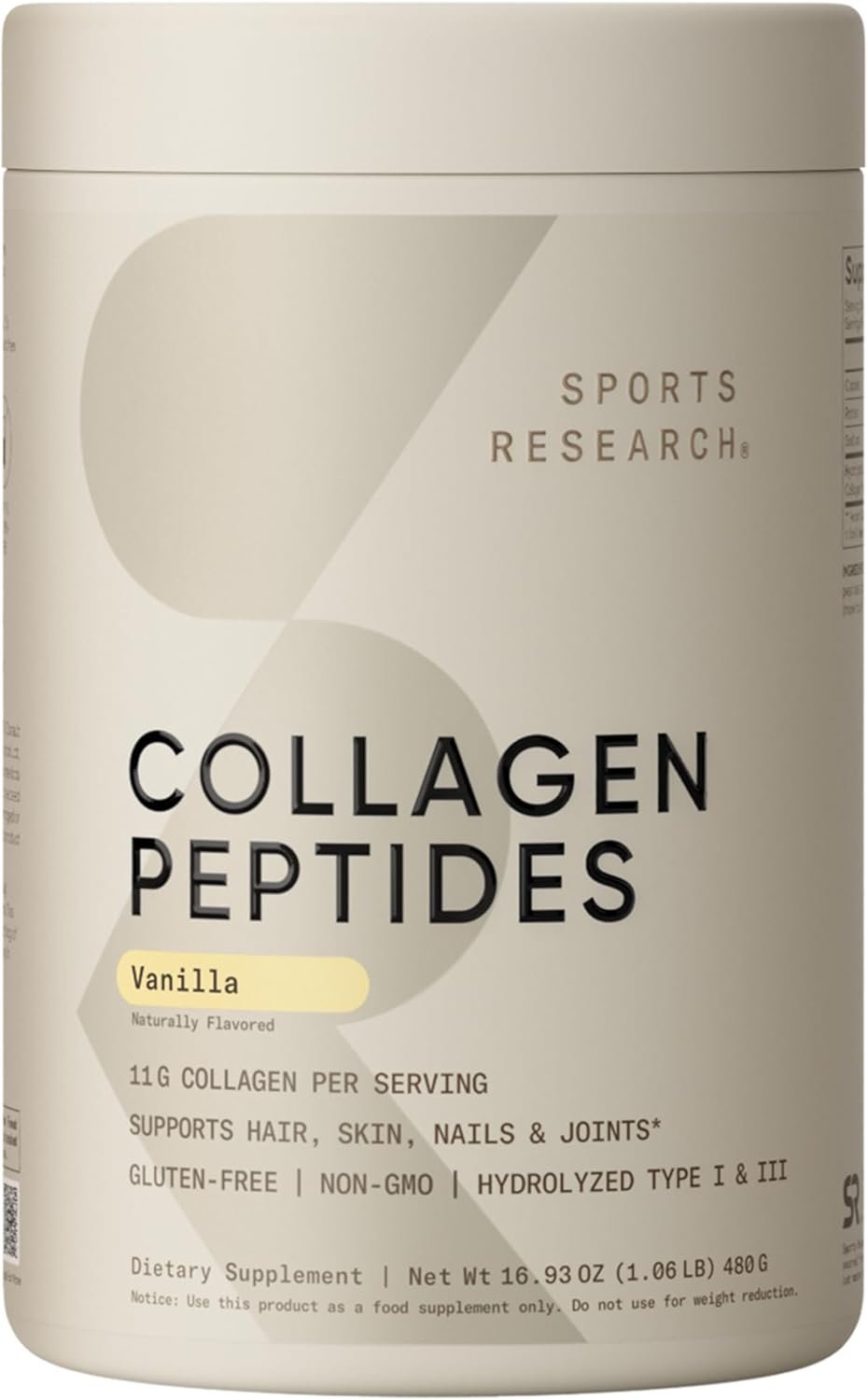 Sports Research® Collagen Peptides Protein Powder, Vanilla (16.93oz) | 11g Grass-Fed Collagen per Scoop · Hair, Skin & Joint Support · Easy to Mix in Coffee & Shakes · Sugar-Free, 40 Servings