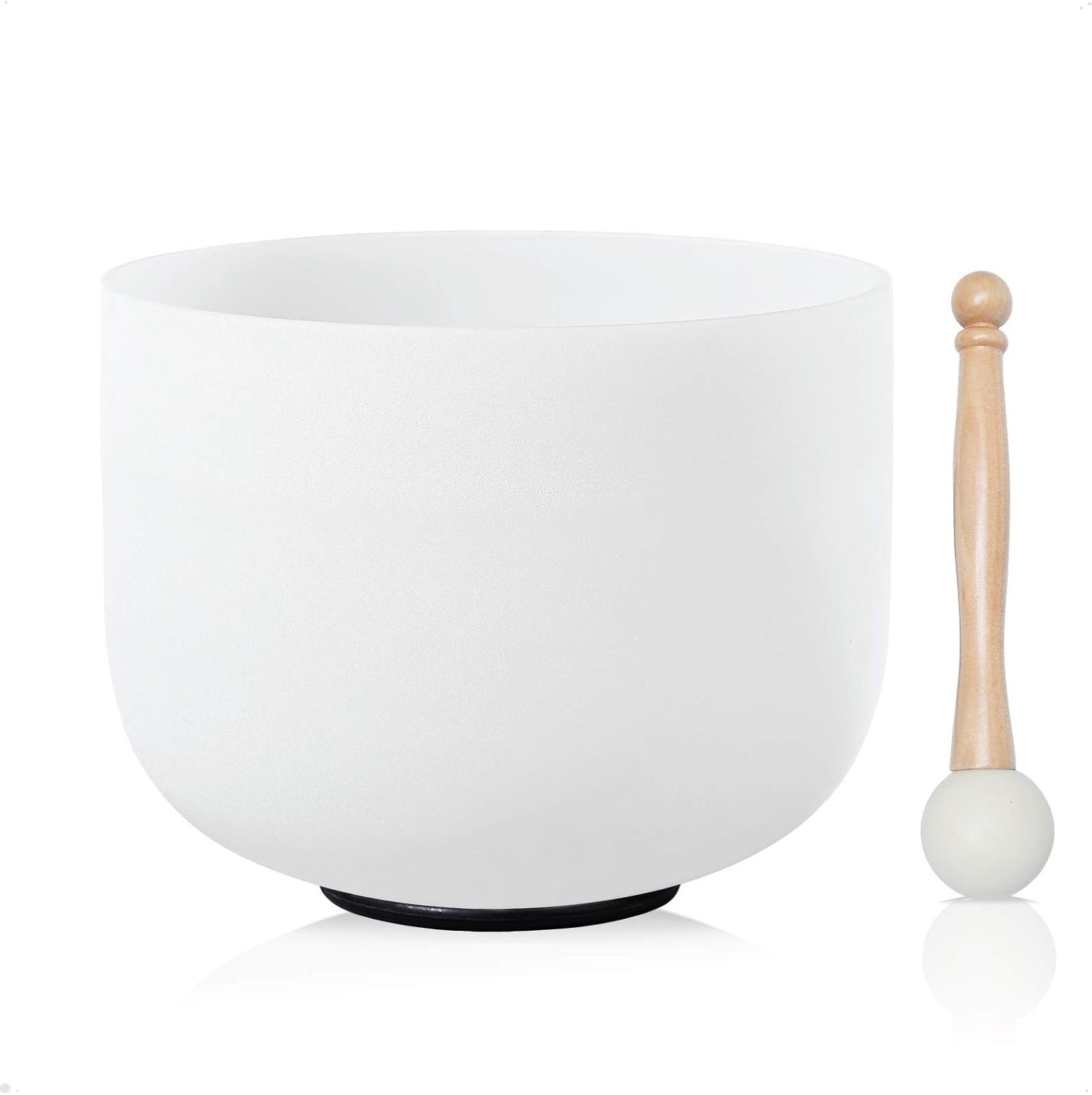 CVNC Crystal Singing Bowl White 8 Inch C Note 440HZ Root Chakra | Frosted Quartz Crystal Singing Bowl with Mallet & O-ring Sound Healing Instrument