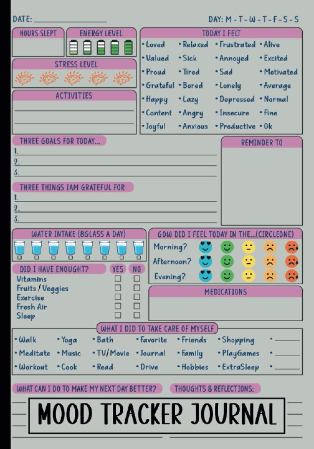 Mood Tracker Journal: Daily Mood Tracker | Mental Health Workbook | Daily Wellness Dairy | 7 x 10 inches, 110 Pages.