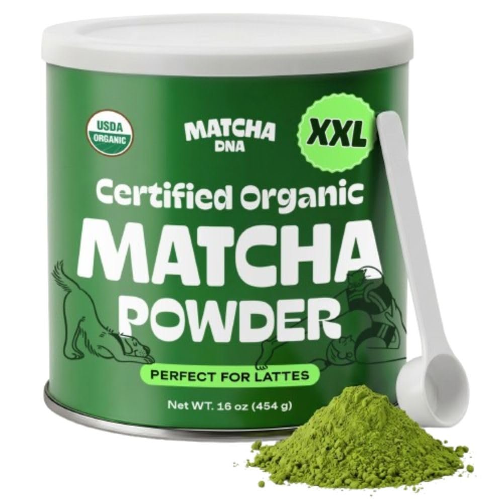 Matcha DNA Organic Matcha Powder – XXL 16oz TIN – Matcha Green Tea – USDA Organic Gluten-Free Vegan, Unsweetened No Additives – Everyday Green Macha Powder Tea for Lattes, Smoothies, Baking & Recipes | 100% Pure, Vegan, Gluten-Free, Unsweetened, No Additives, Ideal for Smoothies, Baking & Everyday Matcha Recipes
