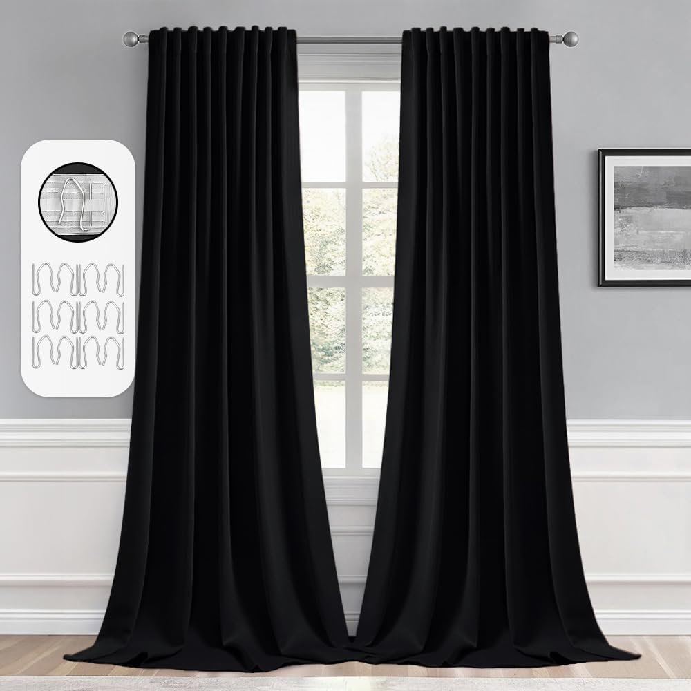 MIULEE 2 Panels Set Black Back Tab Blackout Curtains 52×96 Inch Long | Rod Pocket Pinch Pleated, Thermal Insulated, Halloween Drapes for Bedroom Living Room Darkening, Floor to Ceiling Curtains