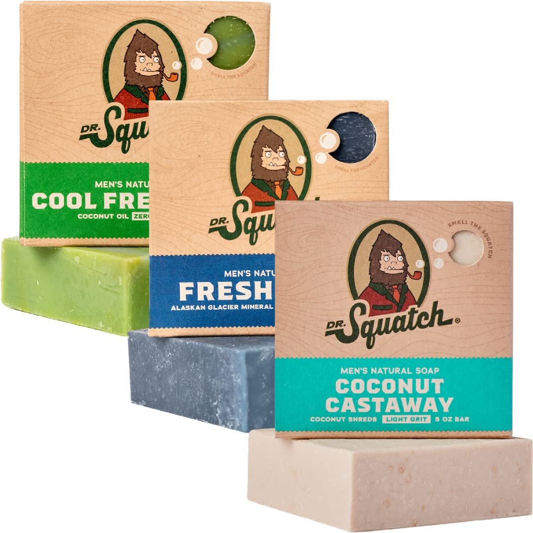 Dr. Squatch Natural Men’s Bar Soap – Cold Process Body Soap Bar with Natural Oils – Gifts for Men – Coconut Castaway, Fresh Falls & Cool Fresh Aloe (5 oz, 3-Pack)