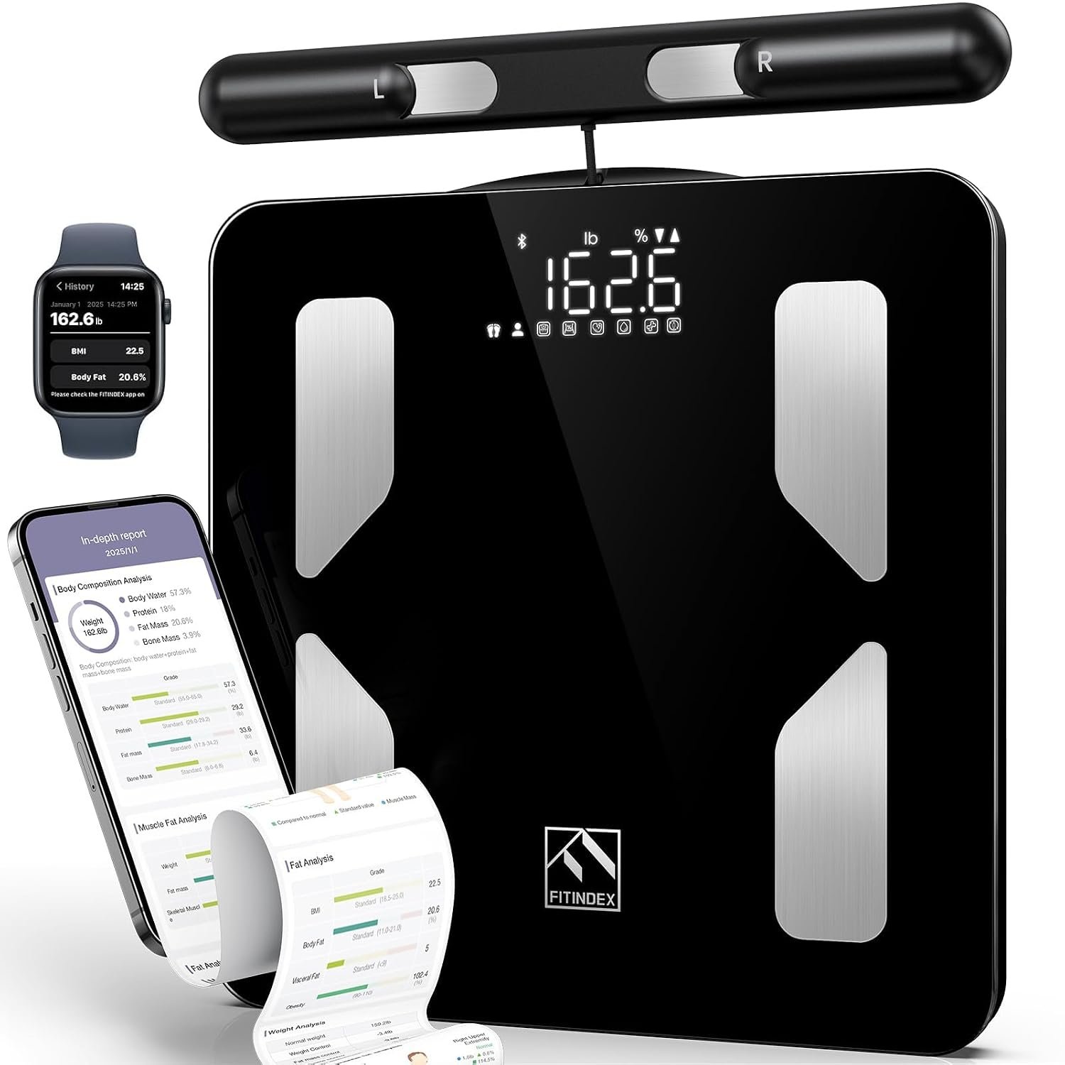 FITINDEX Body Pod Smart Scale, 8-Electrode, BMI & Body Fat, Large Platform | Body Composition Analyzer with Handle, Digital Bathroom Scale for Segmental Fat & Muscle Mass Tracking, Home Use, Black