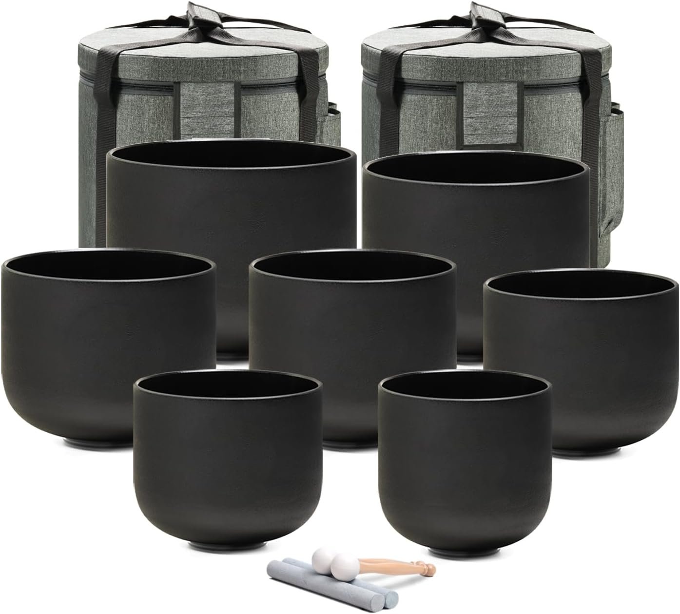 CVNC Crystal Singing bowl Set of 7 for Sound Healing Black | 432HZ 6“-12” Frosted Black Chakra Quartz Set, Sound Meditation,Mindfulness,Relaxation, with 2 Case Bags and Rubber Mallets