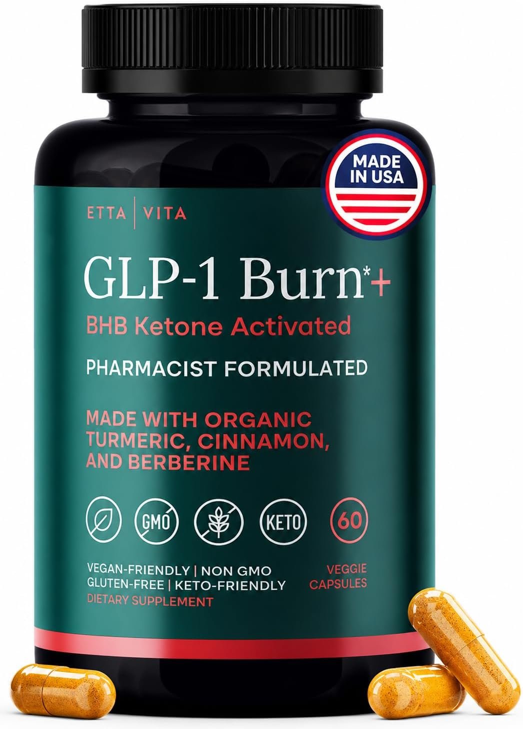 GLP-1 Supplement for Appetite Support with BHB Ketones, ACV, Berberine HCL | GLP-1 support supplement for women and men withoragnic turmeric and cinnamon, vegan, herbal, non-GMO, made in USA, 60ct