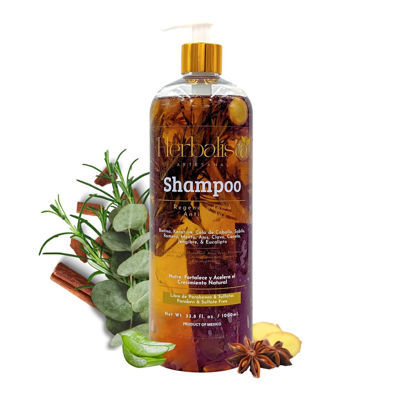 HERBALISTA Viral New Herbal Shampoo 1000ml (33 fl oz) – With Real Rosemary, Cinnamon, Anise, Clove, Aloe, Ginger, & Eucalyptus – Fortalece, Regenera, Acelera Crecimiento – 100% Natural & Handcrafted
