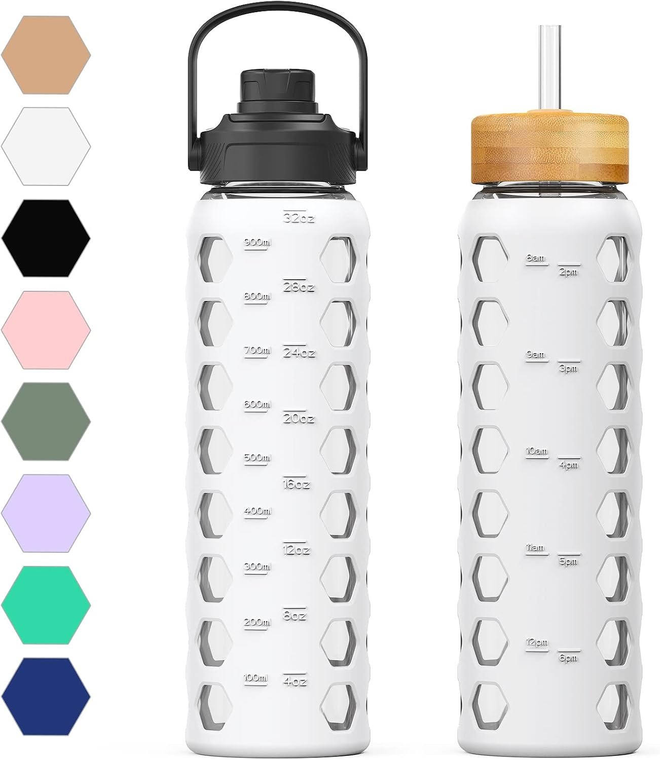 MUKOKO Glass Water Bottle, 32oz, White | 1 Liter Glass Tumbler, 2 Lids – Handle Spout Lid & Bamboo Straw Lid, Motivational Bottles with Time Marker, Silicone Sleeve