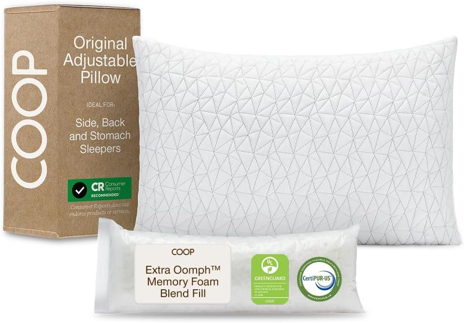 Coop Home Goods Original Adjustable Pillow, Queen Size Bed Pillows for Sleeping, Cross Cut Memory Foam Pillows – Medium Firm Back, Stomach and Side Sleeper Pillow, CertiPUR-US/GREENGUARD Gold