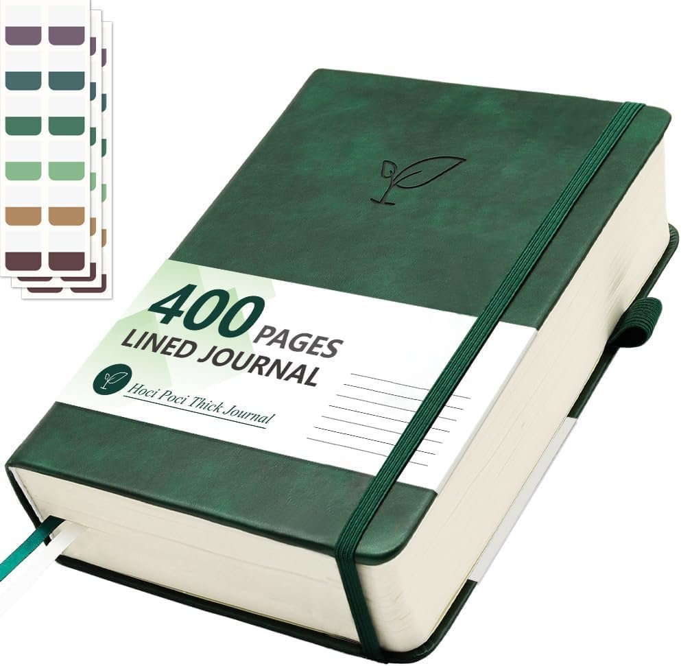 Hoci Poci 400 Pages Lined Journal Notebook, 5.8″ x 8.4″, Green | Thick Journal for Writing, A5 Hardcover Leather Notebook with 100Gsm College Ruled Paper for Women Men Work Note taking