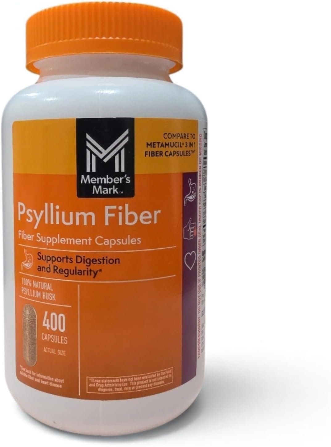 Member’s Mark 100% Natural Psyllium Husk Fiber Capsules, Digestive Health, 400 Count (Pack of 1)