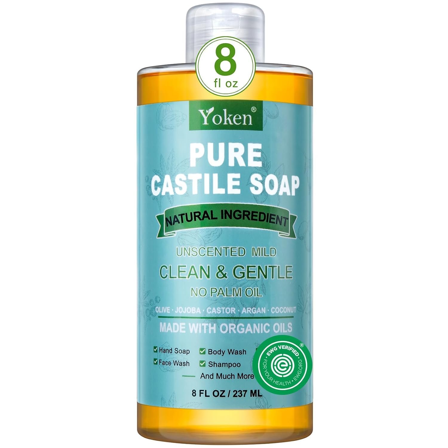 Yoken Pure Castile Liquid Soap 8 Oz Unscented with Organic Oil EWG Verified | No Fragrance Vegan Natural Laundry Dishes Mild Sensitive Skin Travel Camp Soaps Body Bath Hand Wash Travel Small Size 237 ML