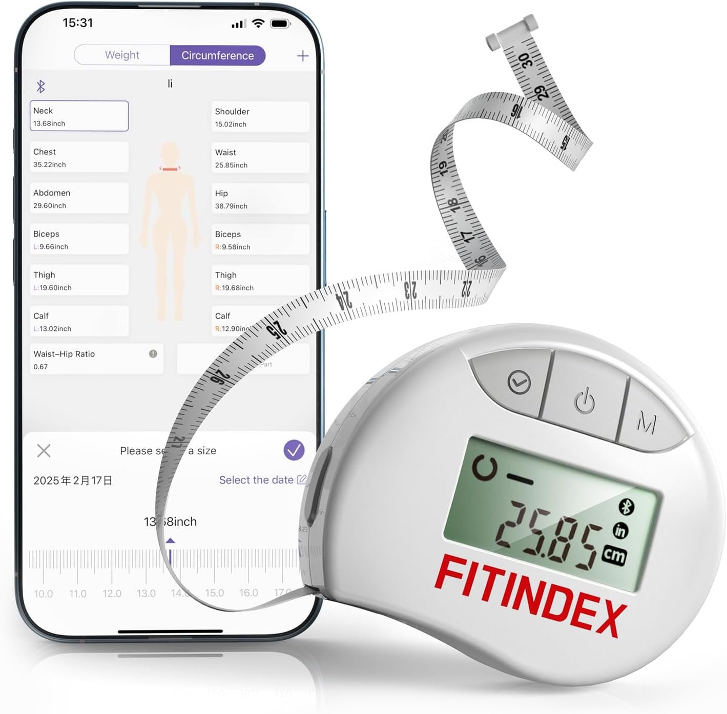 FITINDEX Body Measuring Tape, Accurate Bluetooth Measuring Tape for Body Measurements, Smart Body Tape Measure Retractable with 12 Body Parts Measure for Weight Loss Fitness Muscle Gain, Sync with APP | Measuring Tape for Body Measurements, Tracks for Weight Loss & Fitness, Retractable Design, Gym Accessories, Workout Gifts