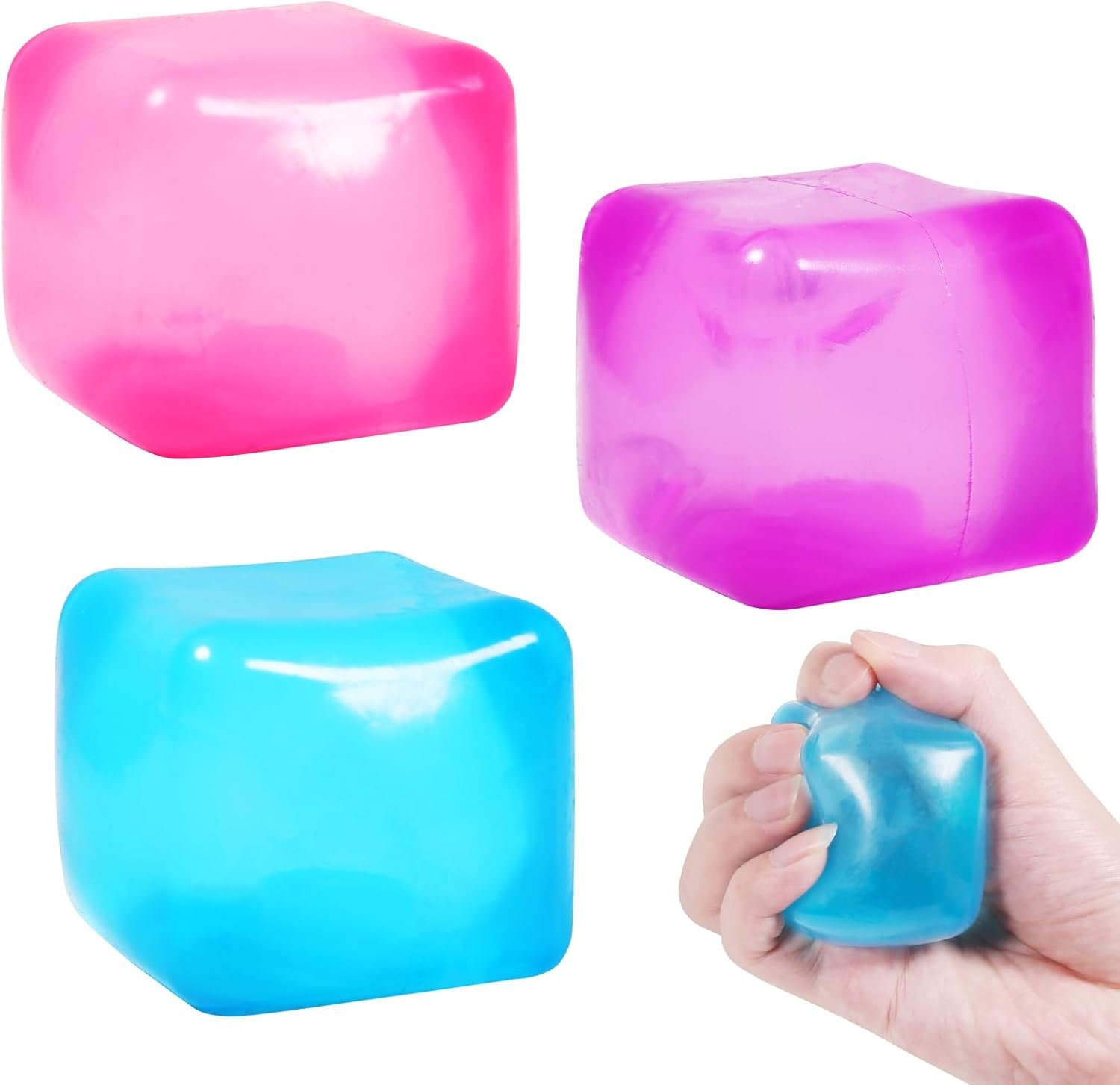 3pc Cube Stress Cube Squishy Stress Balls for Adults Kids Fidget Toy for Your Best Mellow and Chill -Ice Cubes-Square Shape with Filling in Pink Purple Blue