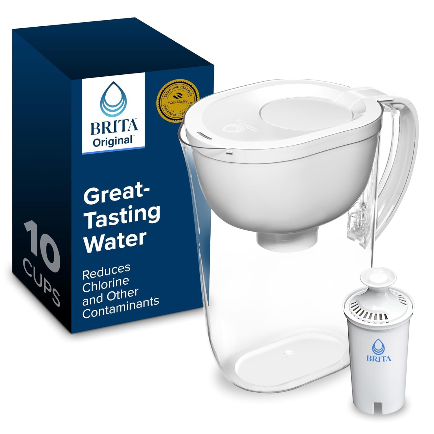 Brita Large 10 Cup Water Filter Pitcher, Includes 1 Filter, Bright White | WQA and NSF/ANSI Certified, Reduces Chlorine, Copper, Mercury & Cadmium, Lasts 2 Months, Household Essential