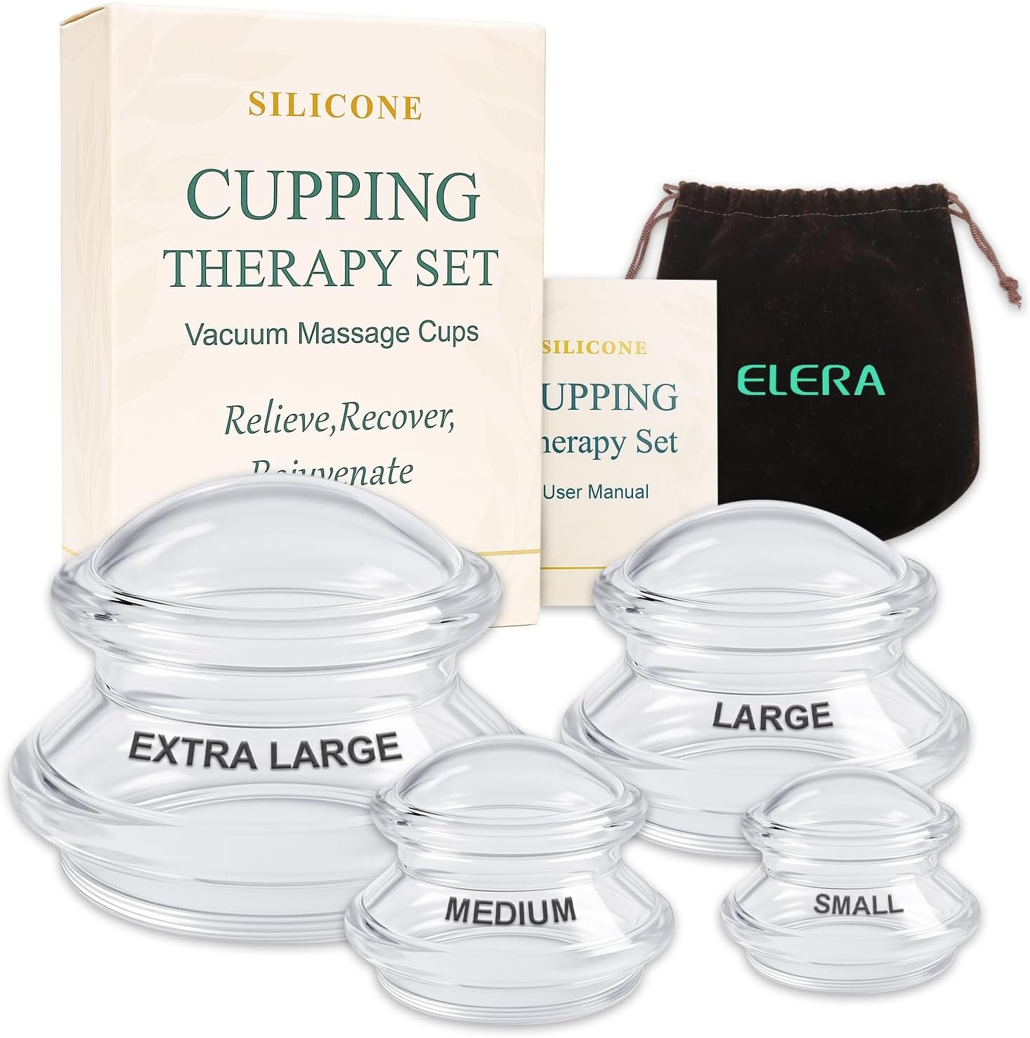ELERA Silicone Cupping Therapy Set – Transparent Massage Cups in 4 Sizes (XL, L, M, S) for Body Relaxation, Cellulite & Home Wellness (Gourd Shape 4-Pack)