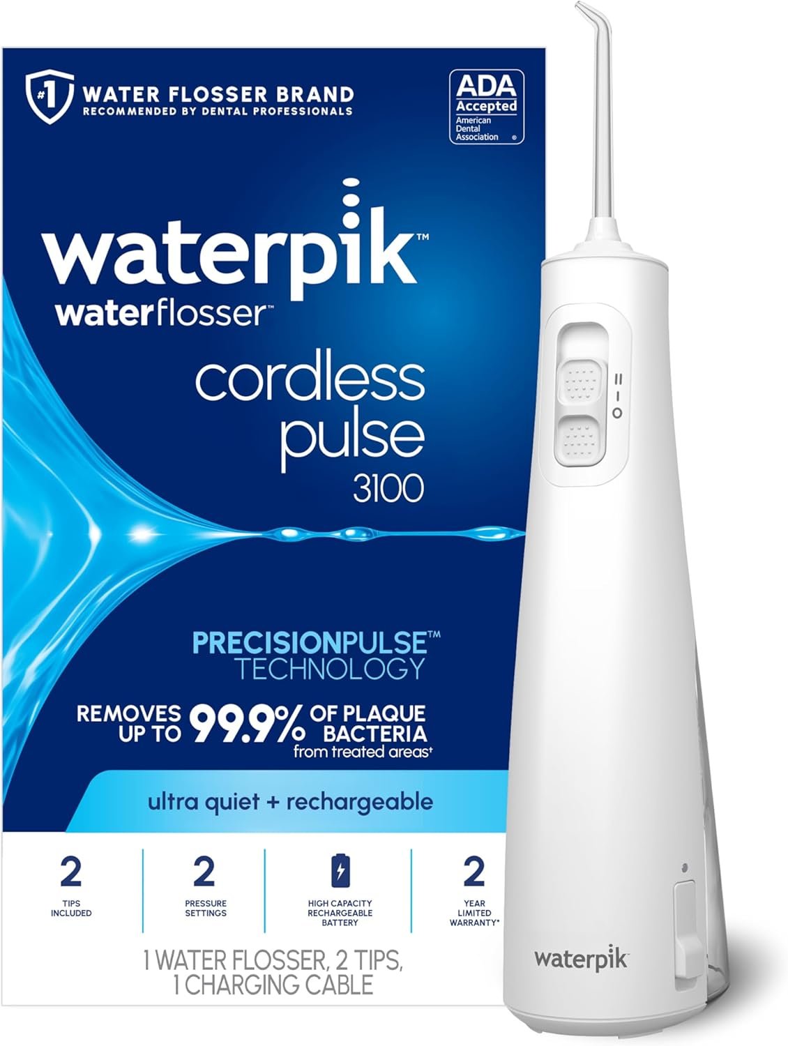 Waterpik Cordless Pulse 3100 Portable Water Flosser, Rechargeable, White | 2 Settings, 1 Precision Tip & 1 Tongue Cleaner Tip for Fresh Breath, Travel, Shower Use, ADA Accepted, WF-20 Amazon Exclusive