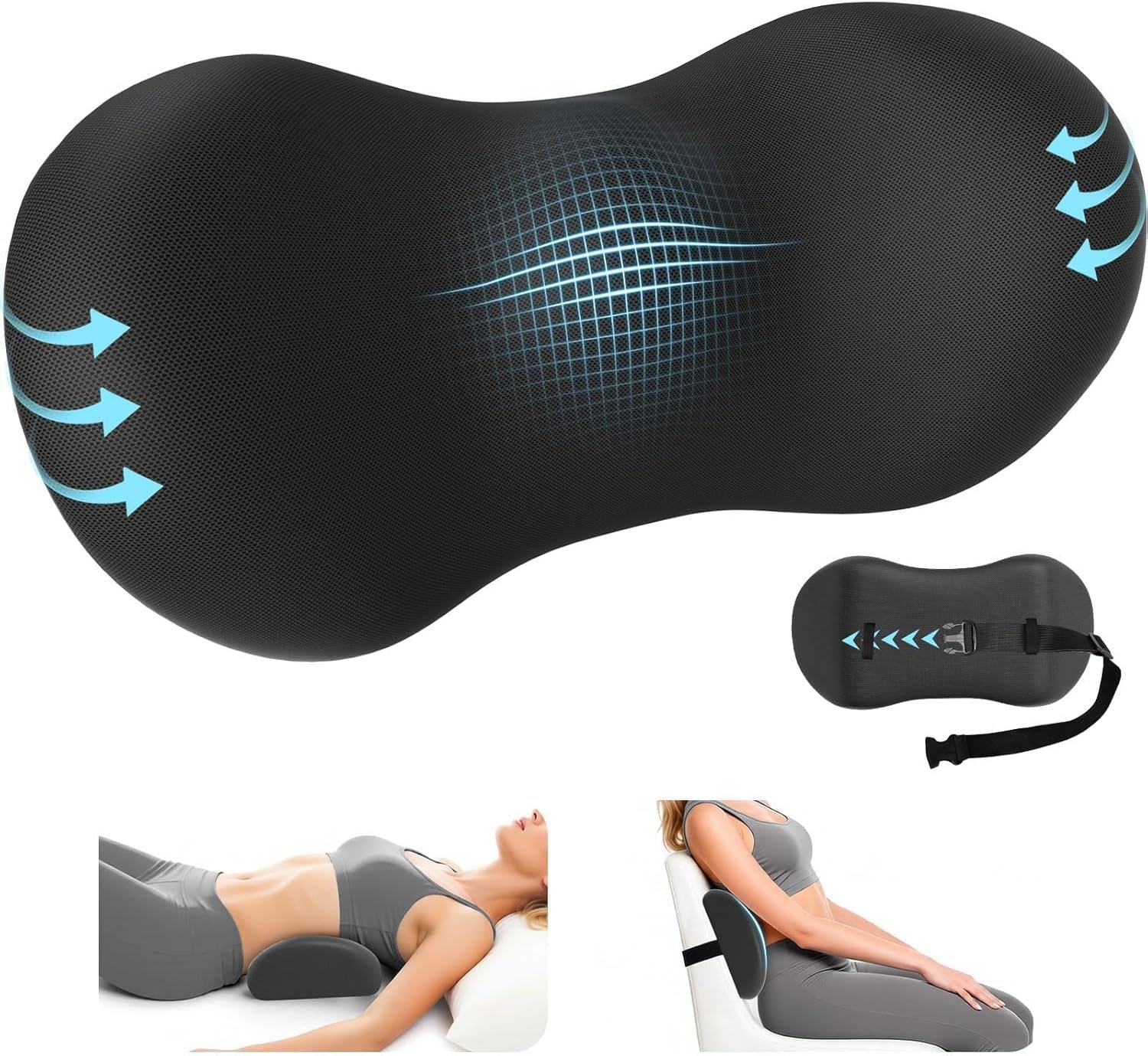 SweetSlubr Lumbar Support Pillow for Office Chair, Back Support, Black | Memory Foam with Breathable Cover. Adjustable Strap Fits Office, Gaming & Car Chairs for Everyday Comfort.