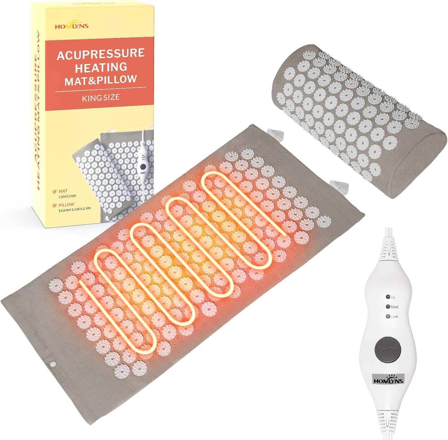 Heated Acupressure Mat, 3 Heat Levels, 2-Hour Auto-Off | Cotton cover, detachable power cord, washable design, mat and pillow set in grey