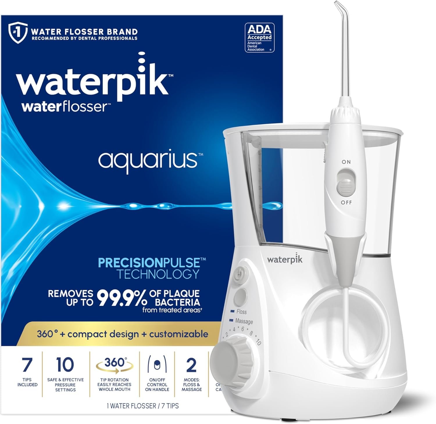 Waterpik Aquarius Countertop Water Flosser with 10 Settings, 7 Tips, White | For Daily Home Gum Health, Dental Braces, Implants, Teeth Cleaning, Multiple Users, ADA Accepted WP-660 Packaging May Vary