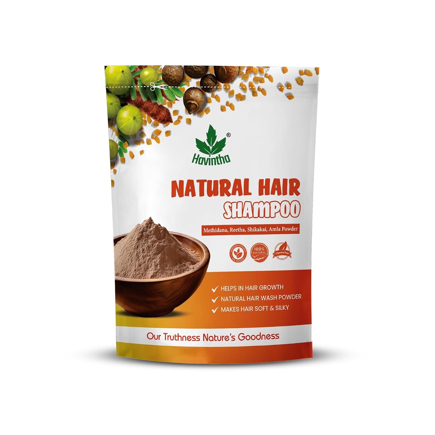 Havintha Natural Hair Shampoo With Herbal Amla Reetha Shikakai And Methi Dana Powder For Men & Women, Totally Organic | Paraben And Sulphate Free Shampoo – 227gm (Pack of 1)