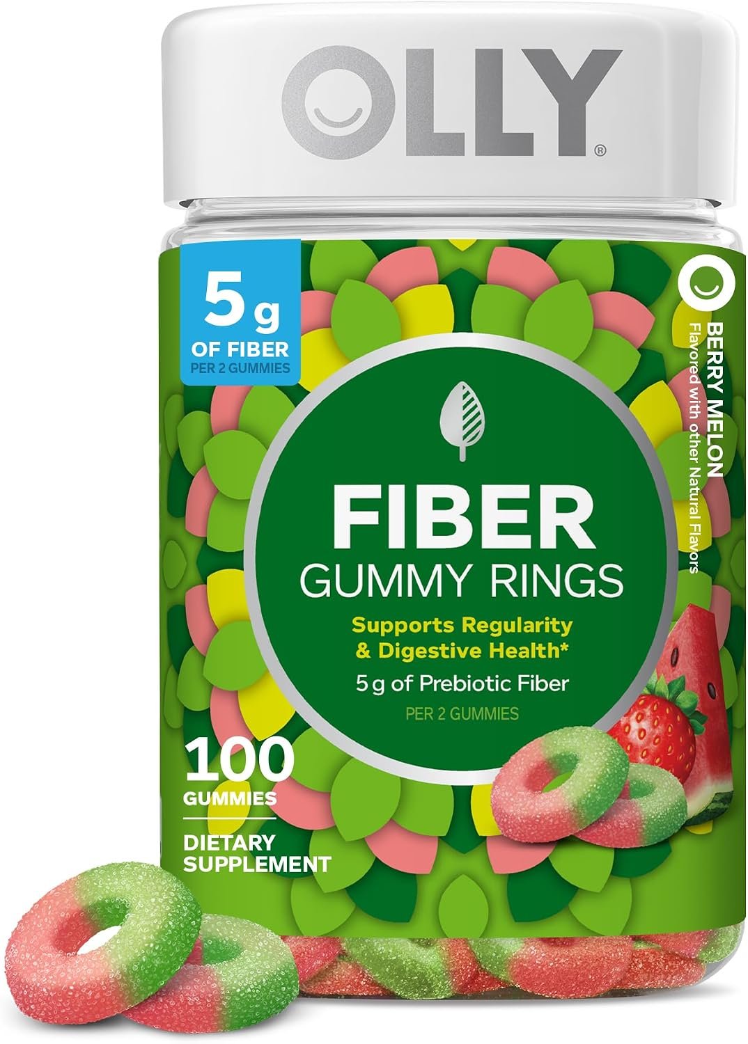 OLLY Fiber Gummy Rings Digestive Health Supplement, Berry Melon – 100 Count
