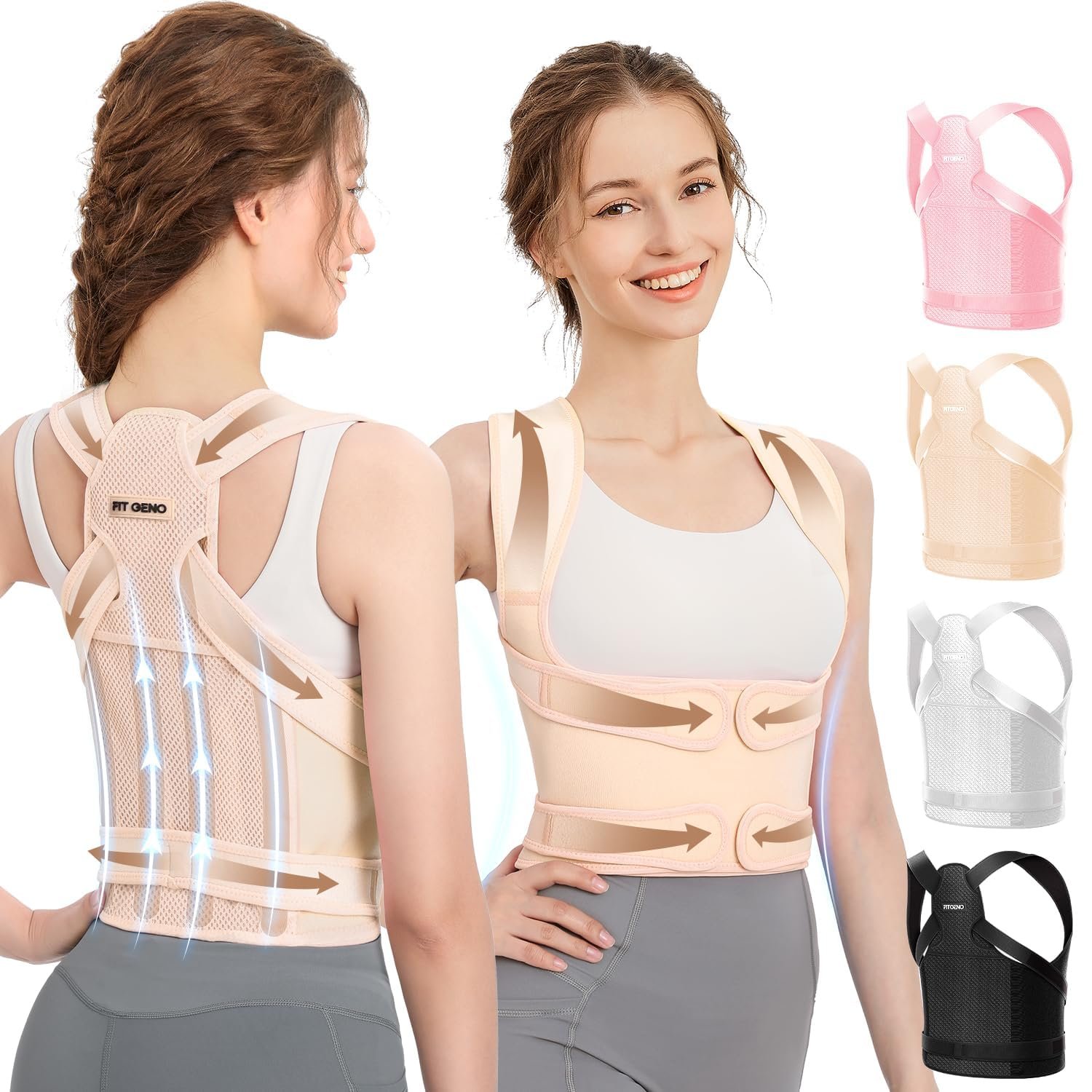 Fit Geno Posture Corrector for Women & Men, Back Shoulder Support Brace | Adjustable & Breathable, Upper Back Straightener Pulls Shoulders for Pain Relief, Neck Hump, Hunchback, Kyphosis, Scoliosis